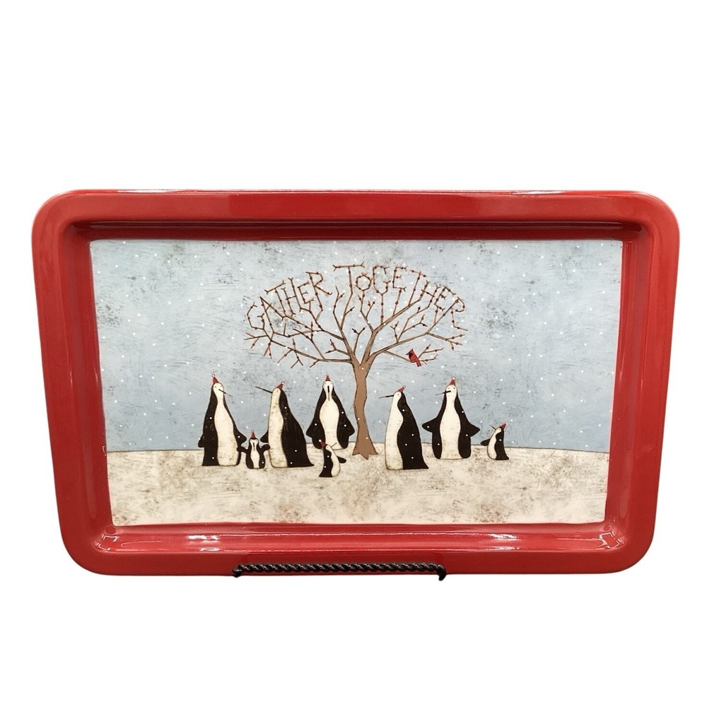 Christmas /‎ Winter "Gather Together" Serving Tray / Platter Penguins 16"x10"